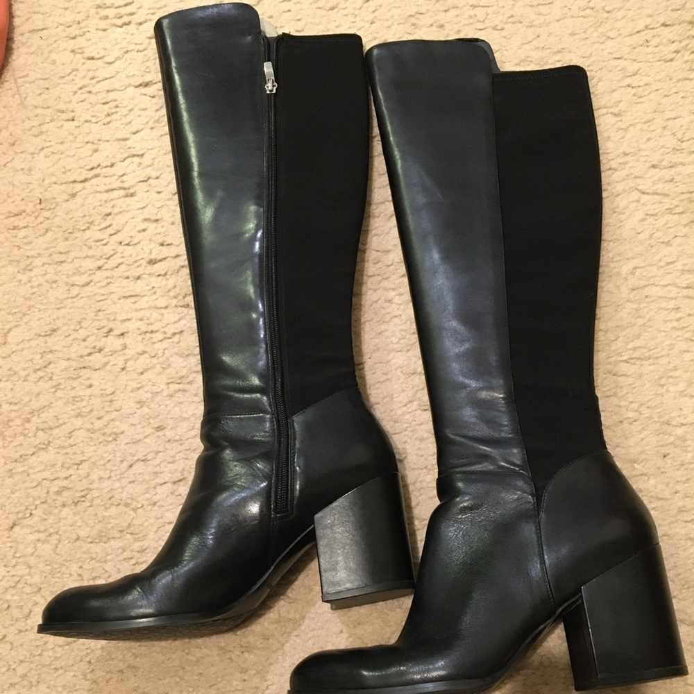NEW Marc Fisher Lacole Block-Heel Boots Black Leather 9.5M